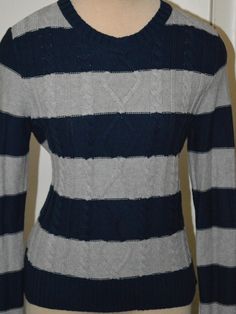 Striped Long Sleeve Cable Knit Sweater, Navy Cable Knit Crew Neck Top, Stripe Long Sleeve, Long Sleeve Pullover Sweater, Navy Stripes, Striped Long Sleeve, Long Sleeve Pullover, Pullover Sweater, Pullover Sweaters