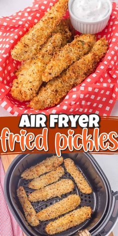 air fryer fried pickles in a basket with dip and sauce on the side