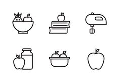 black and white food icons on a white background, including an apple, juicer, bread