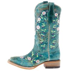 Corral Kids Boot Turquoise Flowered Embroidery 10 Inch Shaft Square Toe Leather Sole Leather Stacked Heel T0158 This Corral Turquoise Flowered Embroidered Boot is a stylish yet playful boot with pops of colors in the delicate floral designs. Featuring a square toe, leather sole, and leather stacked heel, this is a great boot for the colorful cowgirl in your life! Turquoise Shoes, Platform Shoes Heels, Corral Boots, Embroidered Boots, Womens Ugg Boots, Embroidered Shoes, Turquoise Flowers, Chic Shoes, Tall Leather Boots