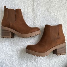 Small White Spec On Front Of Right Boot - Not Sure From What As I’ve Never Worn Them Lol. Purchased From Tilly’s Casual Brown Platform Boots With Stacked Heel, Casual Suede Platform Boots With Block Heel, Chunky Chelsea Boots, Soda Shoes, Shoes Brown, Chelsea Boot, Brown Suede, Chelsea Boots, Bootie Boots