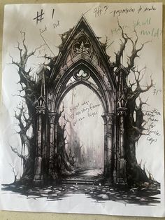 a piece of paper with an image of a gothic arch and trees in the background