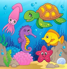 an underwater scene with sea animals and fish