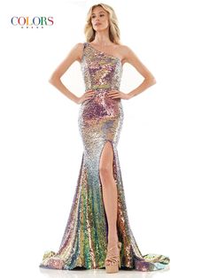 The fabric in this Colors Dress style is Sequin Sequin Floor-length Dresses For Gala, Floor-length Dresses With Side Slits For Prom, Spring Sequined Long Evening Dress, Spring Gala Dresses With Sequins, Maxi Party Dress With Side Slits, Floor-length Party Dress With Side Slits, Party Maxi Dress With Side Slits And Fitted Bodice, Stretch Midi Party Dress, Stretch Midi Dresses For Party Season