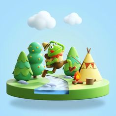 an image of a cartoon character playing with a teepeet and some trees in the background