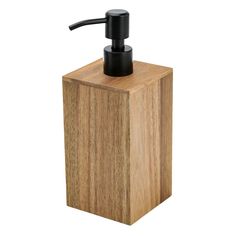 a wooden soap dispenser with a black pump on it's side