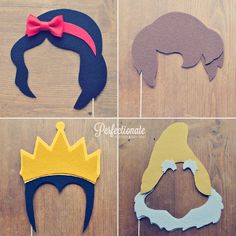 four different pictures of princess crowns made out of felt and cut into the shape of people's heads