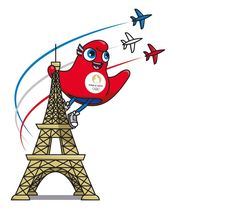 the eiffel tower has a cartoon character on it's face and is flying in front of an airplane