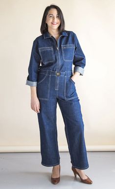 The Blanca Flight Suit is a semi-fitted, highly customizable boiler suit pattern inspired by vintage workwear. With multiple sleeve and leg options, it can be made in a variety of fabrics and can easily be styled up or down. Blanca features a center front zipper, patch pockets that double as belt loops, an optional tie belt or buckled belt, a traditional shirt collar and a unique pleated back design. Customize your flight suit by adding a long sleeve, tapered sleeve with a snap button, or short sleeve. The leg is cut straight, with the option to crop it or taper at the hem with a leg tab. In addition, choose between a classic breast patch pocket or zippered pocket for added detailPattern written for sizes 0-20. Please email hello@stringandstory.com if you are interested in the size 14-32 p Coveralls Pattern, Boiler Suit Pattern, Coverall Pattern, Closet Core Patterns, Suit Sewing Patterns, Full Bust Adjustment, Silk Noil, Flight Suit, Suit Pattern