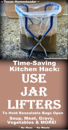 Canning jar lifter turned upside down and used to hold resealable bag open for food. ~ Texas Homesteader ~ How To Store Canning Jars, Mason Jar Canning Storage, Mason Jar Hacks, Canning Jar Storage Ideas, Canned Food Storage Ideas, Canning Storage Ideas, Jar Storage Ideas, Canning Room, Canning Jar Storage