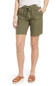 A roomy fit complements these longer-length shorts made from lightweight linen. 9" inseam; 22 1/2" leg opening; 10 1/2" front rise; 15" back rise (size Medium) Elastic/drawstring waist 100% linen Machine wash, line dry Imported Linen Bermuda Shorts With Built-in Shorts And Relaxed Fit, Spring Linen Bermuda Shorts With Short Inseam, Casual Linen Shorts For Spring, Vacation Bermuda Shorts With Relaxed Fit, Spring Bermuda Bottoms With Relaxed Fit, Casual Linen Bermuda Shorts For Beach, Linen Beach Bottoms Of Short Length, Linen Beach Bottoms Short Length, Comfortable Linen Summer Bottoms