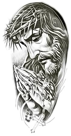 a drawing of jesus holding the head of jesus with his hands and eyes closed, in black and white