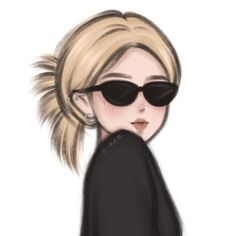 a drawing of a woman with sunglasses on her head and hair in the shape of a ponytail