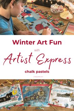 a young boy sitting at a table in front of an art project with the title winter art fun with artist express