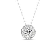 Quaint Double Halo Atmos Round Pendant_Product Angle_PCP Main Image White Gold Solitaire Necklace With Halo Pendant, Timeless Cubic Zirconia Halo Diamond Necklace, Timeless Diamond Necklace With Halo, Timeless Cubic Zirconia Diamond Necklace With Halo, Diamond White Solitaire Pendant Necklace With Halo Design, Timeless Diamond Halo Necklace, Dazzling Halo Lab Grown Diamond Jewelry, Timeless Diamond White Necklace With Halo Setting, Diamond Solitaire Necklace With Halo Design