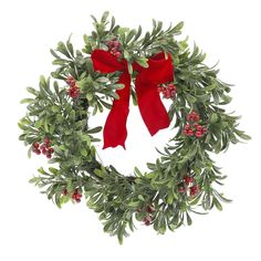 a christmas wreath with red bows and berries