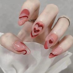 PRICES MAY VARY. 【Valentines Glue on Nails Kit】You will get a box of 24 pcs Valentine's Day acrylic nails press on nail set + 1 nail glue.you can choose the most suitable false nail for yourself, it is easy to trim and file them to in any length and shape you like 【Exquisite Heart Nails Design】This medium fake nails are designed with red pink hearts, almond fake nails stick on nails will enhance peoples temperament, making your nails look more elegant, expressing your love for Valentine's Day, a Kutek Disney, Asian Nails, Blush Nails, Pretty Gel Nails, Really Cute Nails, Soft Nails, Blue Nail, Jelly Nails, Kawaii Nails