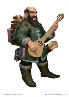 a man with a beard holding a ukulele in one hand and an instrument in the other