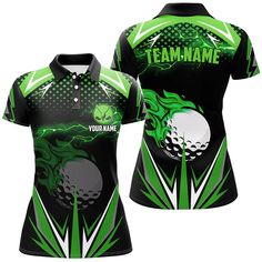 a women's green and black golf shirt with the words team name on it