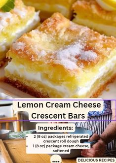 lemon cream cheese dessert bars with ingredients on the bottom and in the middle, along with instructions for how to make them