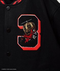 Slip into the Deadpool Varsity Jacket to show off that you're a part of the team – it's like a hug from a chimichanga, but less messy. 66% Wool 22% Polyester 8.6% Other Fibers 3.4% Nylon Classic set-in sleeve Snap front varsity jacket Front welt pockets Ribbed cuffs and hem Front and back patches and embroidery Relaxed, Unisex Fit Wash and Care Machine wash cold delicate cycle Use mild detergent only Do not bleach Wash with like colors Black Team Spirit Outerwear For College, Black Team Spirit Outerwear For Sports Events, Red Patches Outerwear For Streetwear, Red Streetwear Outerwear With Patches, Red Patched Outerwear For Streetwear, Black Team Spirit Winter Outerwear, Black Sport Coat For College, Black Outerwear For Sports Events, Black Long Sleeve Sport Coat For College