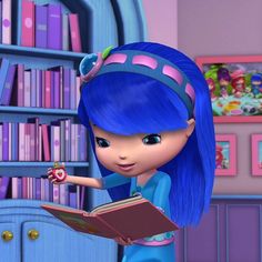 a cartoon girl with blue hair holding a book