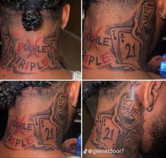 multiple pictures of a man's neck with the number 21 tattooed on his neck