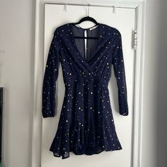 Beautiful Navy Blue With Gold Stars. Never Worn, Doesn’t Fit Me. V-Cut In Front, Keyhole Back, Super Flattering Silhouette! Fitted Blue Star Print Dresses, V-neck Star Print Party Dress, Blue Star Print Party Dress, Spring Star Print Dress For Date Night, Long Sleeve Star Print Dress For Night Out, Blue Spring Dress With Star Print, Fitted Star Print Spring Dress, Blue Star Print Dress For Spring, Spring Blue Dress With Star Print