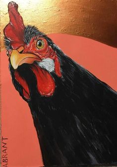 a painting of a rooster on a pink background with gold foiling and black feathers