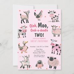 $1.9 | Girly Farm Animal Second Birthday - farm animal, second birthday, pink, girly, barnyard, oink moo, petting zoo, party animal, barn, two year old 2 Year Party Ideas, Girly Second Birthday Party, 2year Birthday Theme, Twin 2nd Birthday Ideas, Two Birthday Ideas, 2nd Birthday Party Themes Girl, Two Year Old Birthday Party Themes, Second Birthday Theme, Girls Second Birthday