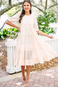 You are going to want to make some serious moves toward this midi dress! That soft color is stunning and we love that flowy fit! This midi also has some very feminine eyelet fabric. This midi dress features short puff shoulder sleeves, a round neckline, a tiered body, and eyelet fabric.  Material has no amount of stretch.Sydney is wearing the small. Eyelet Fabric Dress, Eyelet Midi Dress, White Eyelet Dress, Eyelet Fabric, Floral Cocktail Dress, Black Tie Dress, Long Sleeve Outerwear, Two Piece Swimwear, Fall Baby