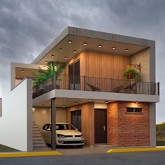 a car is parked in front of a two story house with balconies on the second floor