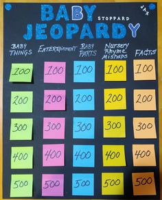 a board with post - it notes on it that says baby jeopardy