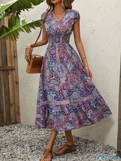 Orcajump - Paisley Print Dress, Boho Shirred V Neck Short Sleeve Maxi Dress, Women's Clothing Short Sleeve Maxi Dress, Boho Fabric, Paisley Print Dress, Short Sleeve Maxi Dresses, Sleeve Maxi Dress, Dress Boho, Maxi Dress With Sleeves, Style Boho, Paisley Print