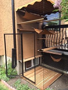 an outdoor caged in area with stairs leading up to the top floor and door