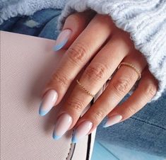 Cute Light Blue Nails, Ice Blue Nails, Spring Colors For Nails, Blue French Manicure, Colors For Nails, Light Blue Nail Designs, Long Almond Nails, Blue French Tips, Color For Nails