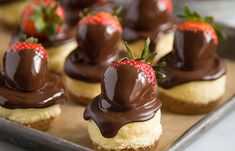 chocolate covered strawberries sit on top of small pastry bites in a baking pan, ready to be eaten