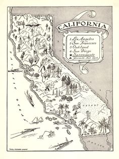 an old california map is shown in this black and white drawing, with the state's name on it