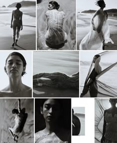 black and white photographs of people on the beach, one woman holding a surfboard