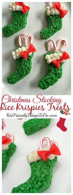 christmas stocking rice krispies treats with candy canes in the shape of stockings