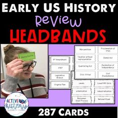 the text reads early us history review headbands, and an image of a woman holding