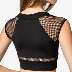 Microfiber Mesh Spandex Perfectly designed to flatter Soft and fierce fishnet mesh shoulders and cut outs Final Sale Item Stretch Mesh Top With Hollow Out Detail, Chic Fitted Fishnet Mesh Top, Party Mesh Top With Hollow Out Detail, Party Mesh Top With Hollow-out Details, Fitted Hollow Out Mesh Top For Party, Stretch Black Mesh Top With Hollow Out Details, Black Stretch Mesh Top With Hollow Out Details, Mesh Back Crop Top For Summer, Stretch Mesh Top With Hollow Out For Party