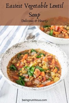 two white bowls filled with vegetable lentil soup