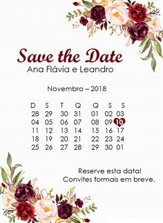 save the date card with flowers and leaves in red, pink, yellow and white