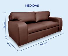 a brown couch with measurements for it