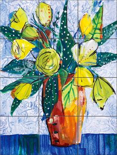 a painting of yellow flowers in a vase