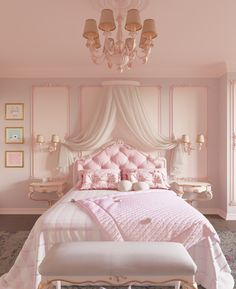 a pink bedroom with chandelier, bed and bench in front of the window