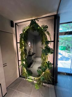 a room with a mirror and some plants on the wall in front of it,