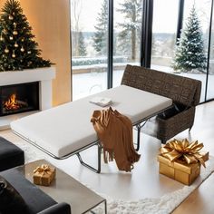 a living room filled with furniture and a fire place next to a christmas tree in front of a window