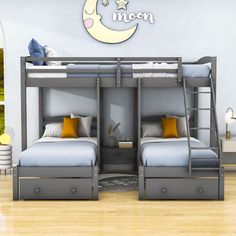 two bunk beds are shown in this children's room